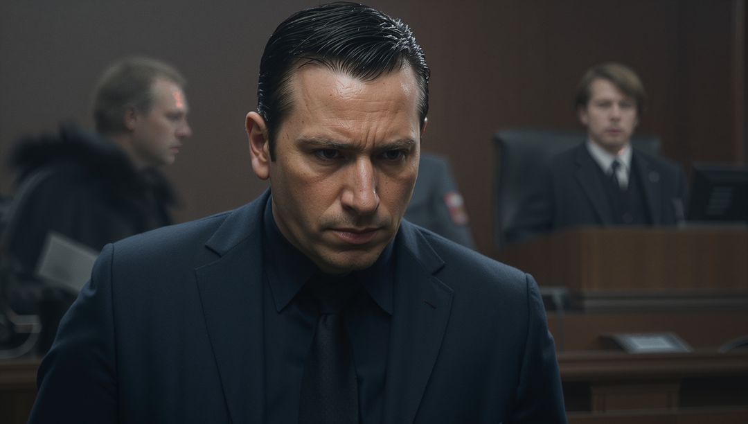 Man standing in courtroom furrowing brow lowering gaze during tense legal hearing