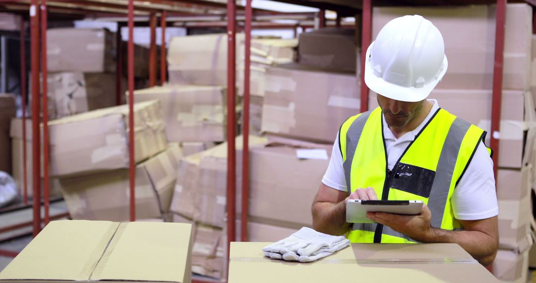 Warehouse Worker in Safety Gear Using Digital Tablet for Inventory Management - Free Images, Stock Photos and Pictures on Pikwizard.com