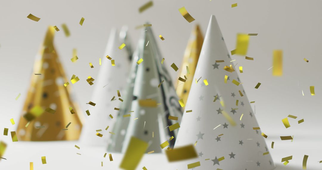 Festive Atmosphere with Falling Confetti and Colorful Party Hats