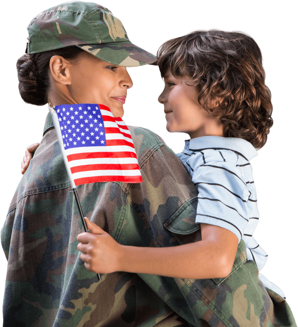 Smiling Female Soldier Holding Son with US Flag on Transparent Background