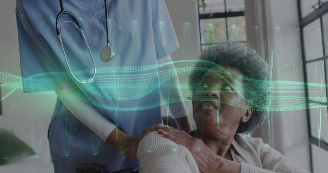 Healthcare Professional Comforting Senior with Advanced Technology Interface