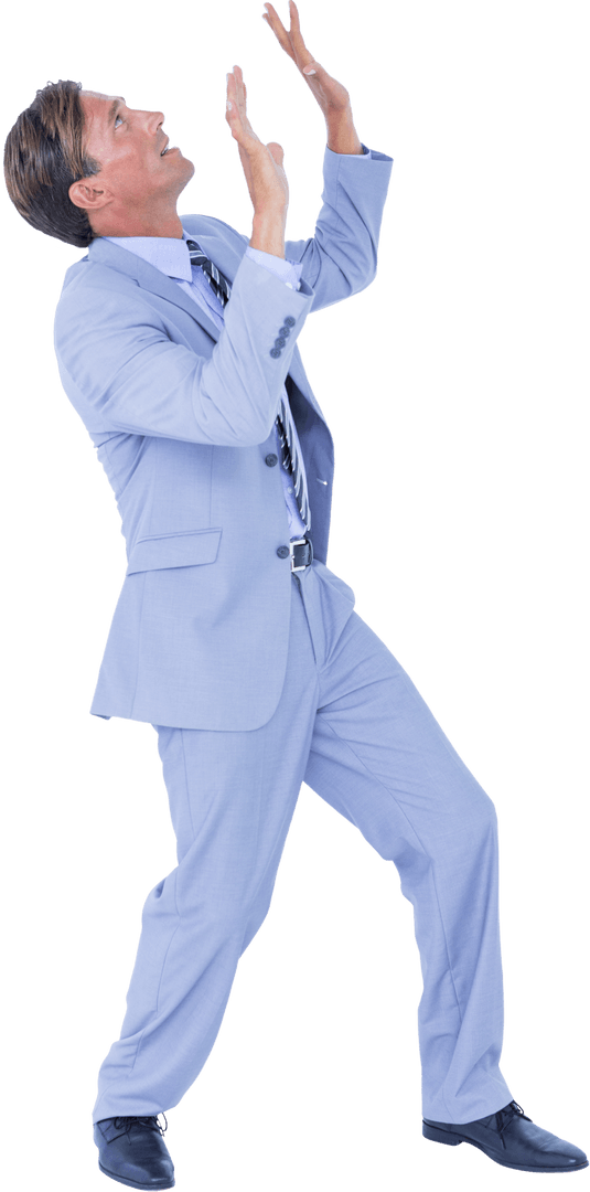 Transparent Businessman Gesturing Upward in Gray Suit