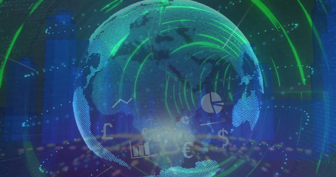 5G Global Network with Spinning Digital Globe over Cityscape