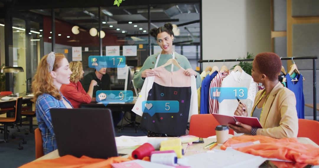 Fashion Designer Presenting Garment in Innovative Workspace with Social Engagement