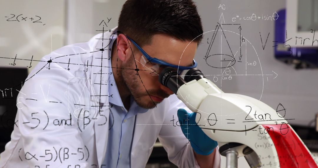 Scientist Exploring Microscopic World Amidst Mathematical Equations