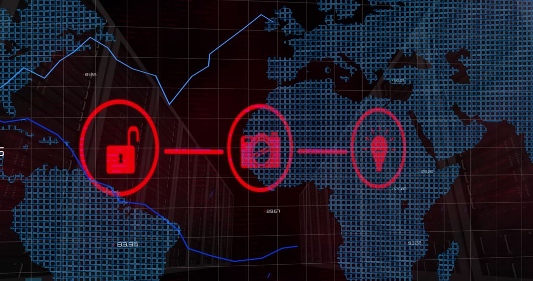 Global Network Security with Digital Icons Overlay on World Map
