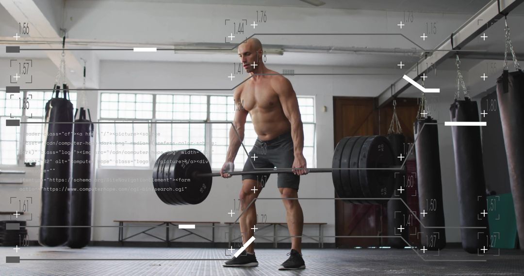 Man Lifting Barbell in Gym Fused with Data Interface Overlay
