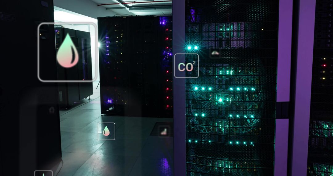 Eco Icons Overlaying Data Center with Computer Servers