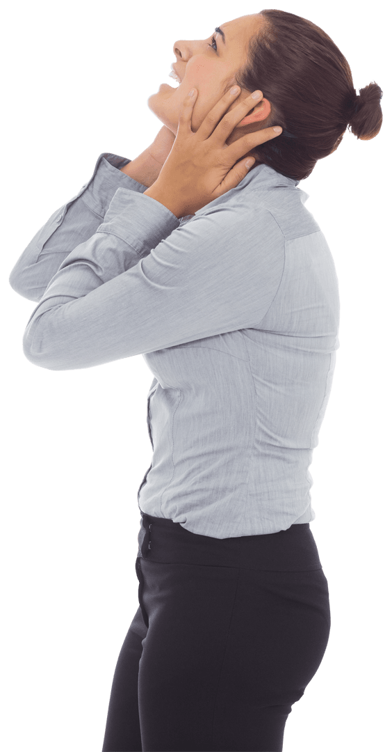 Caucasian Businesswoman Smiling, Holding Head on Transparent Background