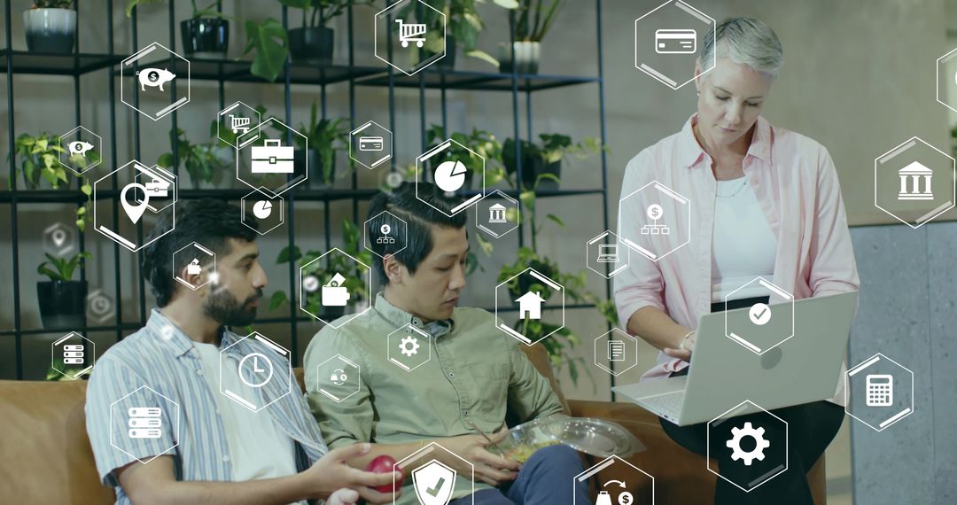 Team Collaboration with Financial Integration Icons in Modern Workspace