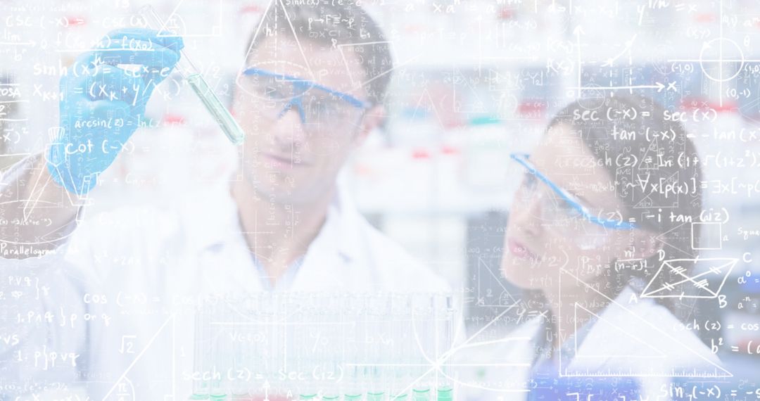 Scientists Analyzing Test Tube with Overlaid Chemical Formulas