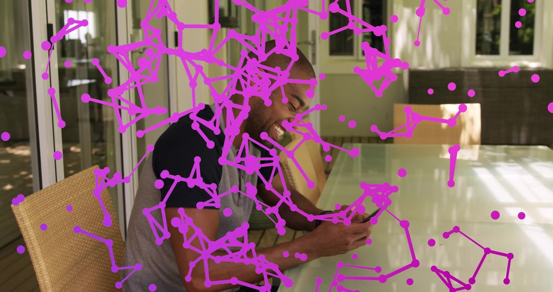 Smiling Man Using Smartphone With Abstract Overlay