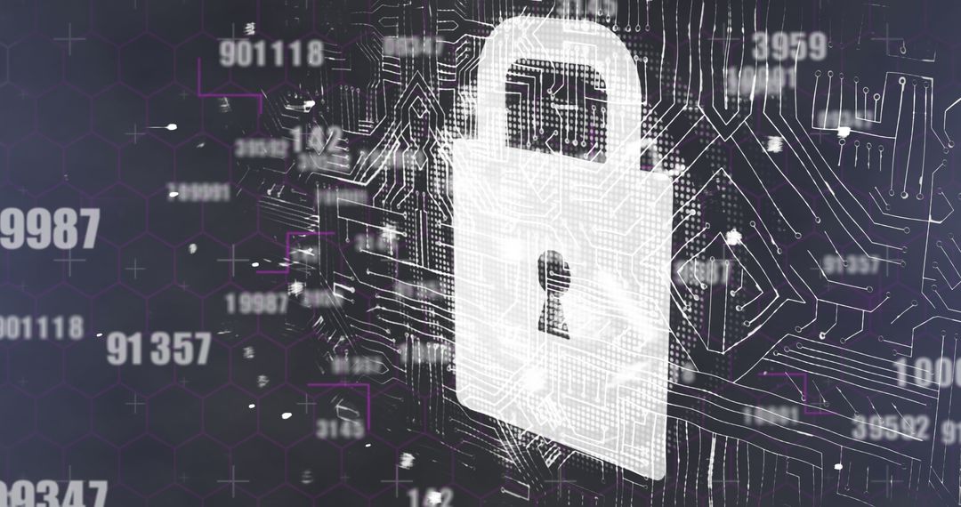 Cybersecurity concept with digital padlock and abstract data patterns