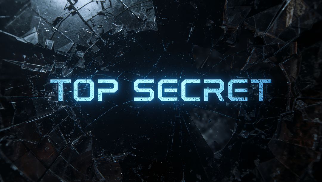 Top Secret glowing through shattered glass, neon cyan label shining in dark void
