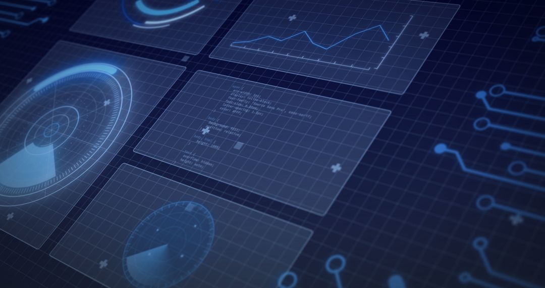 Futuristic Digital Interface with Multiscreen Analytics Panels