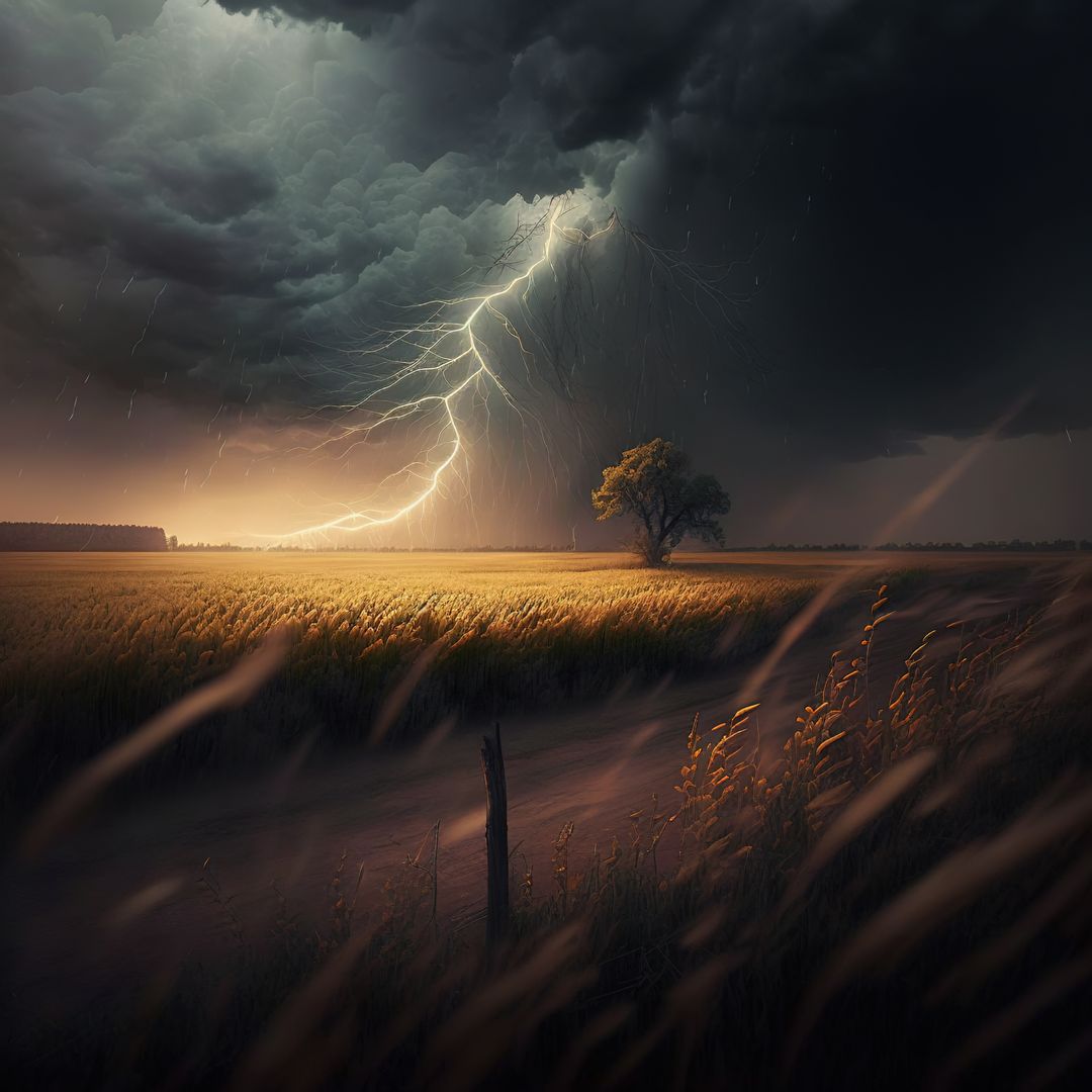 Dramatic Lightning Bolt Strikes Over Rural Field at Sunset - Free Images, Stock Photos and Pictures on Pikwizard.com