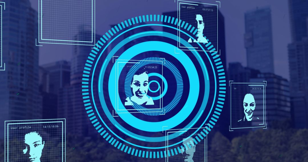 Data Processing Interface Featuring Diverse Portraits Over Urban Skyline