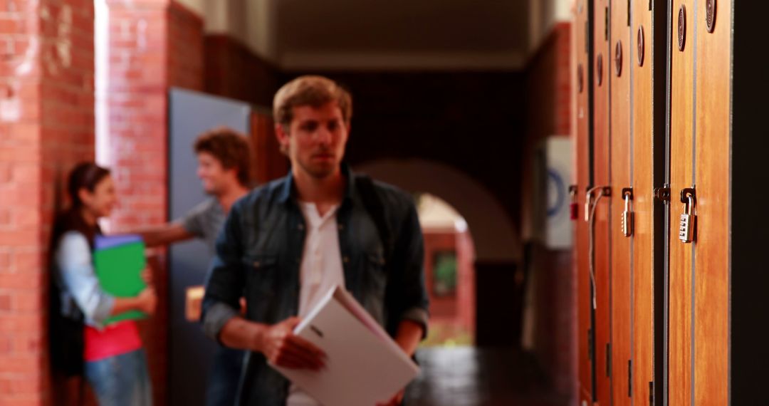College Student Walking towards Lockers in University Hallway