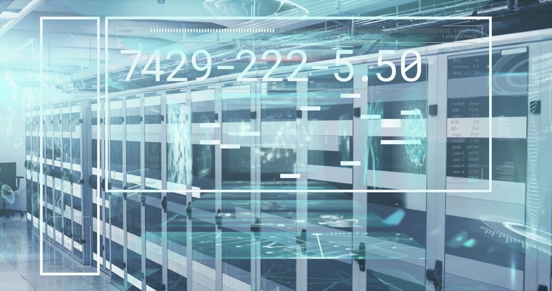 Digital Data Overlay on Futuristic Computer Servers