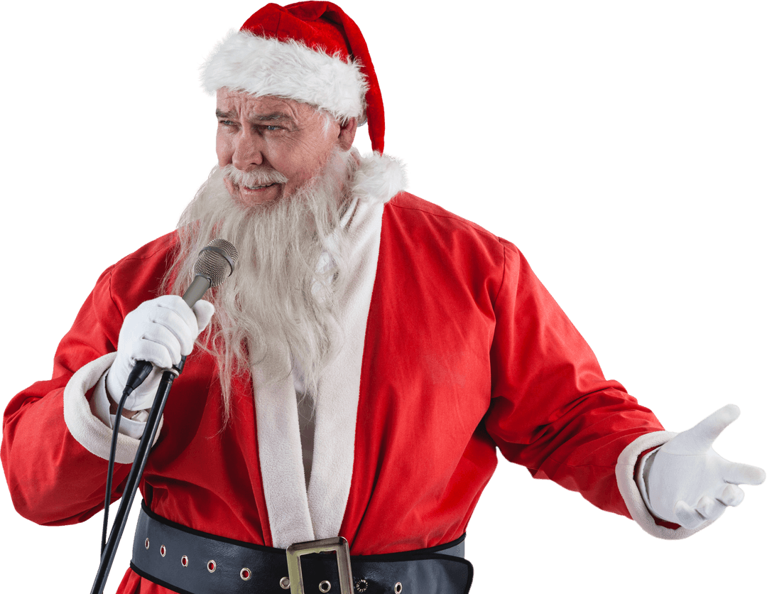 Santa Claus Singing with Microphone on Transparent Background