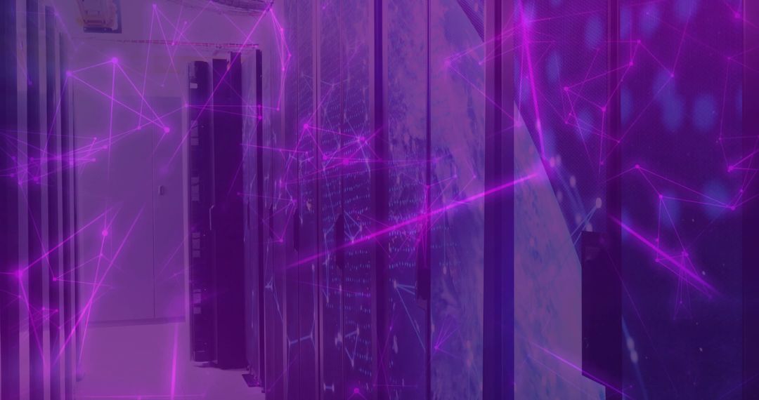 Futuristic Server Racks in Data Center with Neon Purple Overlay