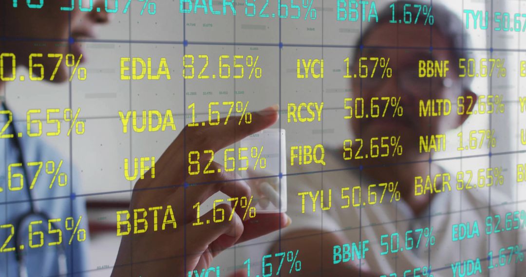 Senior Professionals Analyzing Financial Data on Transparent Screen