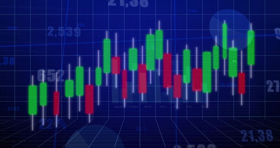 Digital Candlestick Chart on Virtual Grid in Blue Tone