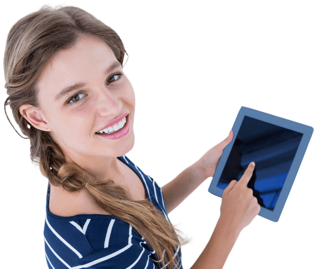 Smiling Young Woman Holding Transparent Tablet Device
