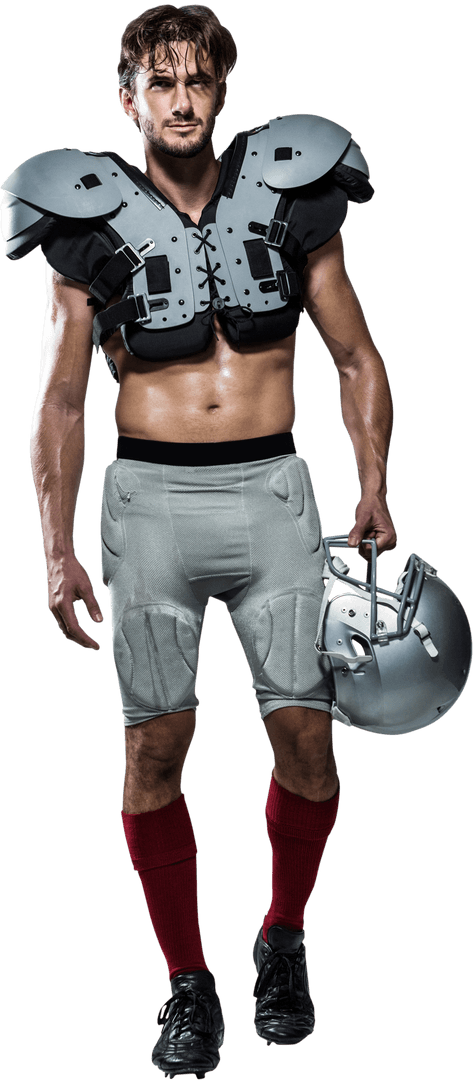 Shirtless American Football Player with Helmet on Transparent Background