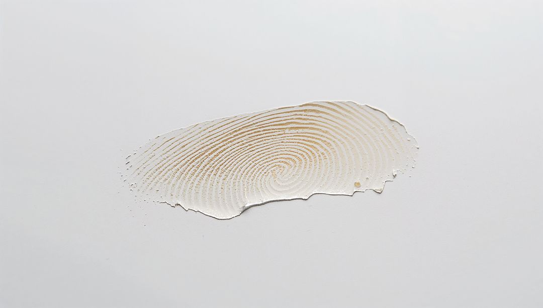 Displaying Thin Beige Fingerprint Impression with Central Whorl on Neutral Gray Surface