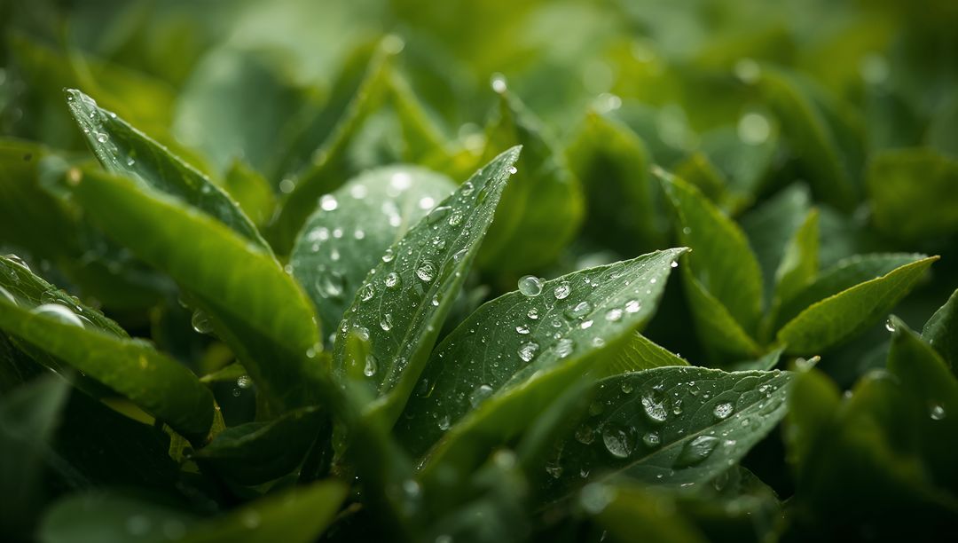 Glistening dewy green leaves with water droplets and soft bokeh macro close-up