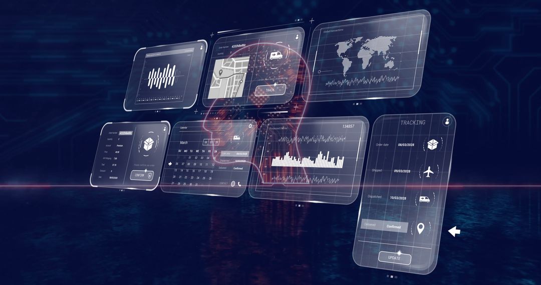 3D Digital Interface with Floating Visualization Panels