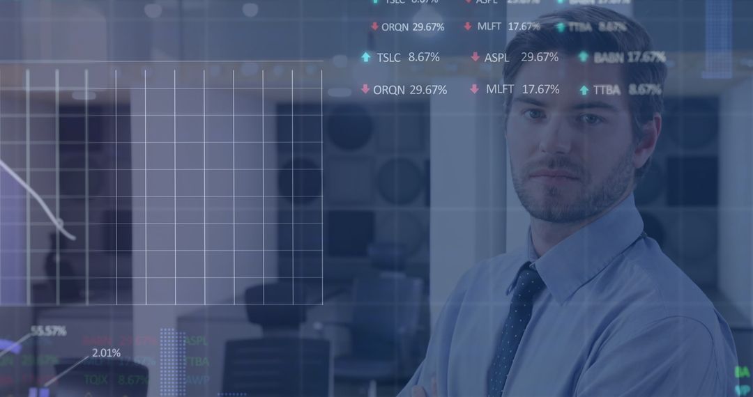 Businessman Analyzing Stock Data in High-Tech Office Environment