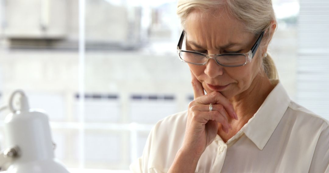 Pensive Senior Businesswoman Contemplating at Office Desk - Free Images, Stock Photos and Pictures on Pikwizard.com