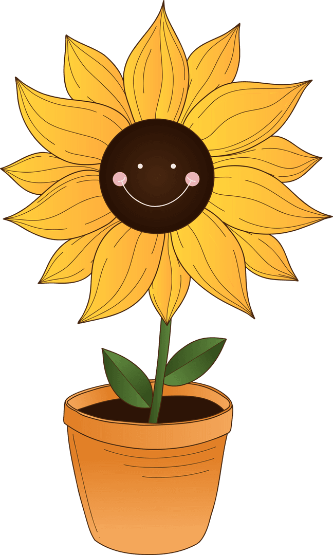 Smiling Sunflower Cartoon in Terracotta Pot with Transparent Background