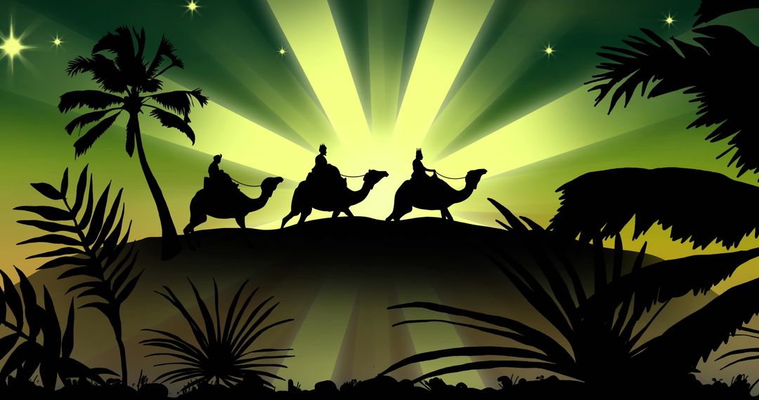 Silhouette of Three Wise Men Journeyed Over Dunes at Dawn
