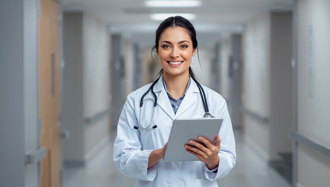 Smiling Doctor with Tablet in Modern Hospital Corridor