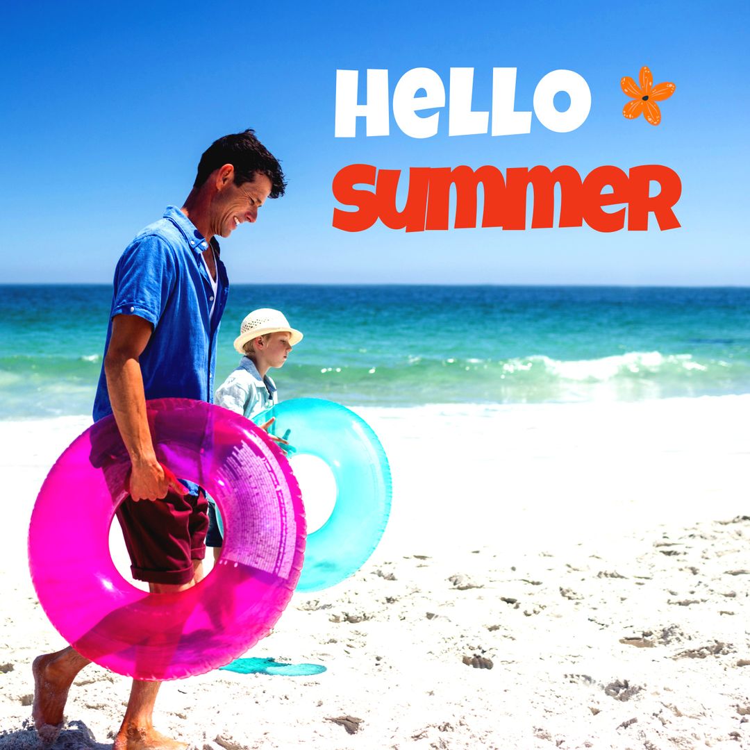 Father and Son Enjoying Summer Beach with Inflatable Rings