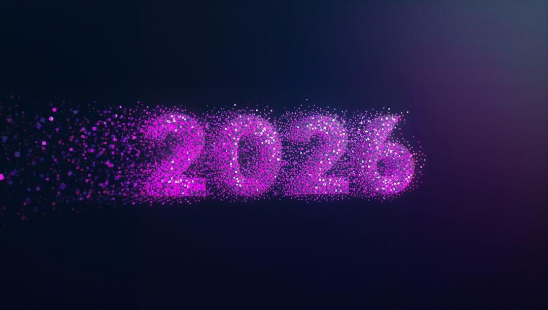Pulsing magenta 2026 numerals shedding particles across dark navy purple neon gradient