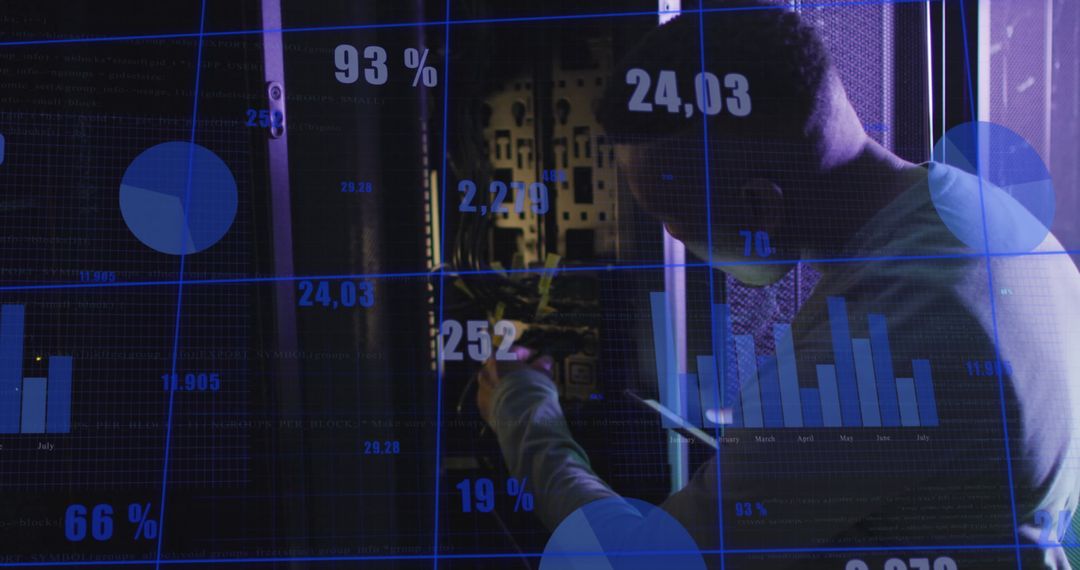 Engineer Working in Server Room with Data Analytics Overlay
