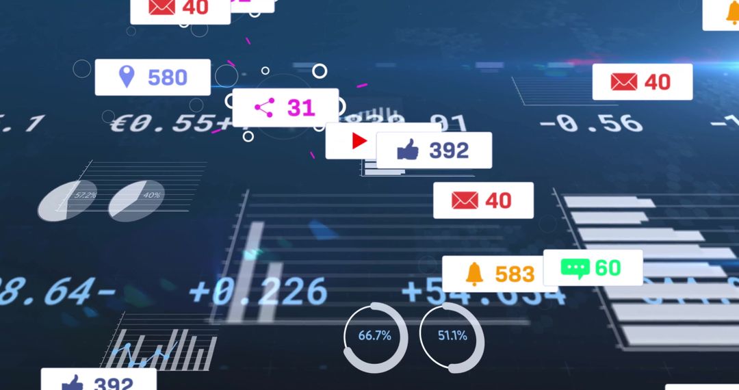 Digital Data Dashboard with Floating Icons and KPIs Overlay