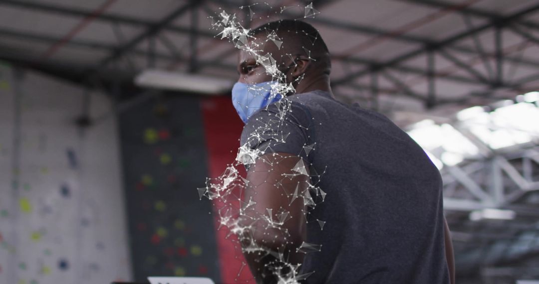 Man Wearing Face Mask in Climbing Gym with Digital Effects