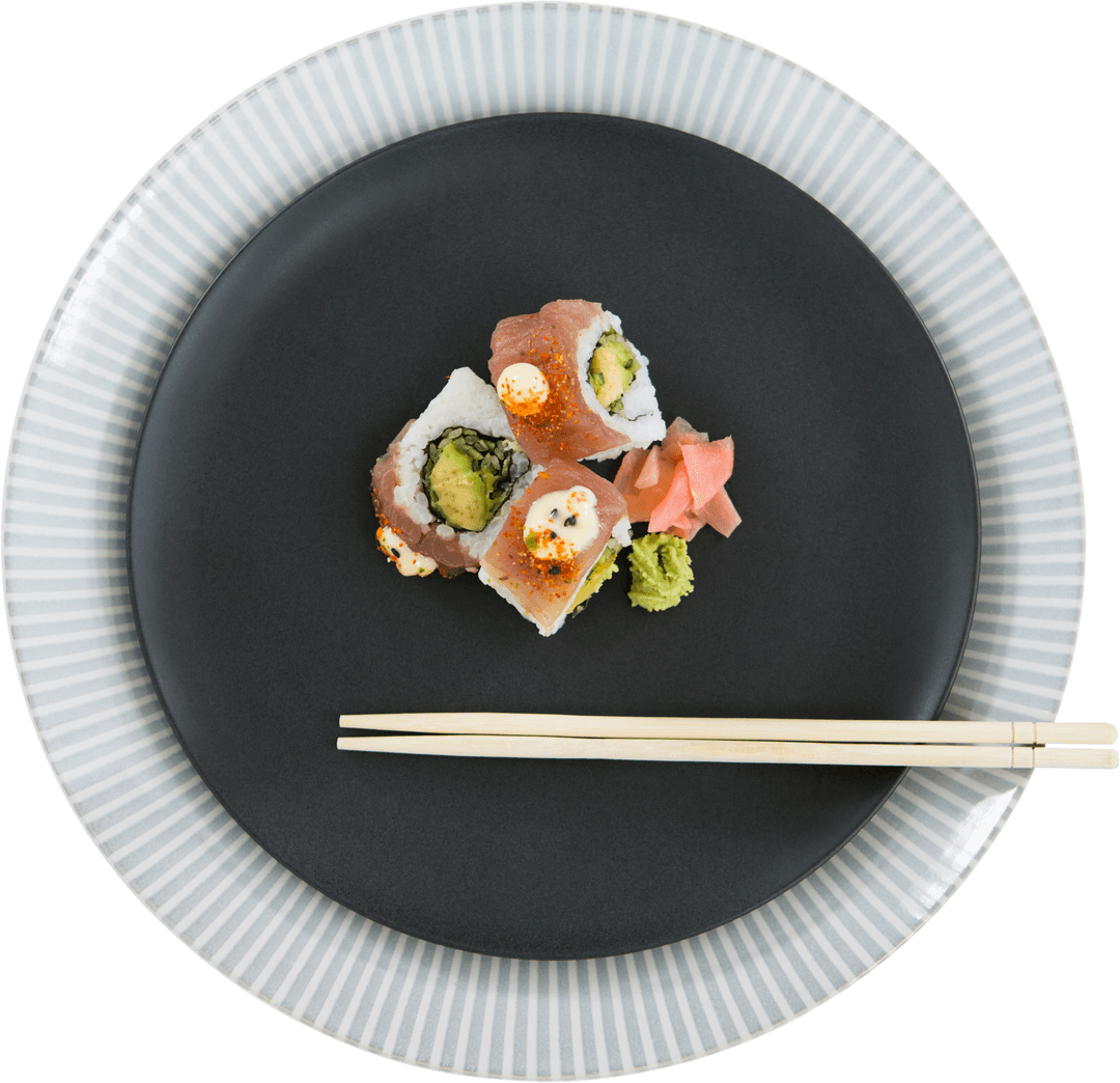 Transparent Sushi Roll with Chopsticks on Modern Black Plate