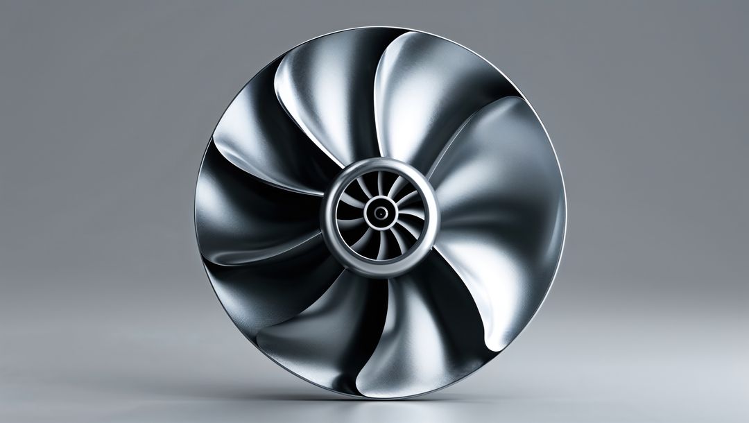 Close-up of shiny metallic compressor fan showcasing engineering precision, streamline design
