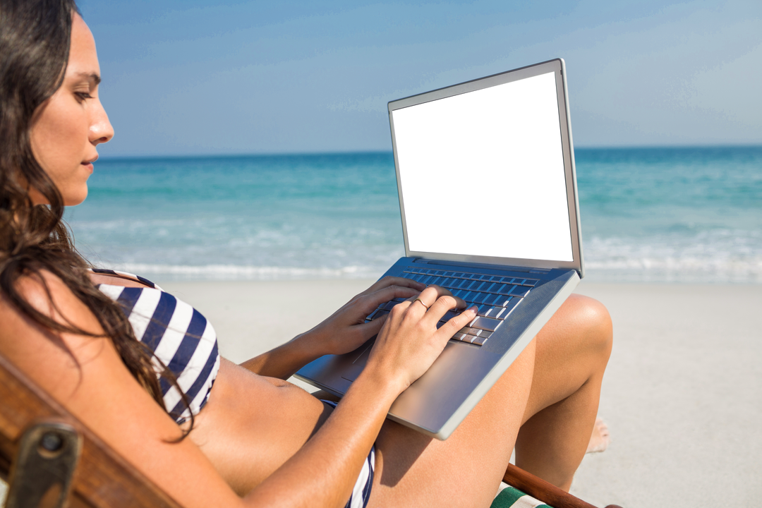 Young Woman Using Laptop on Beach Deck Chair With Transparent Screen - Download Free Stock Images Pikwizard.com