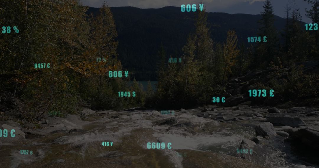 Digital Data Overlay on Tranquil Mountain Stream Landscape
