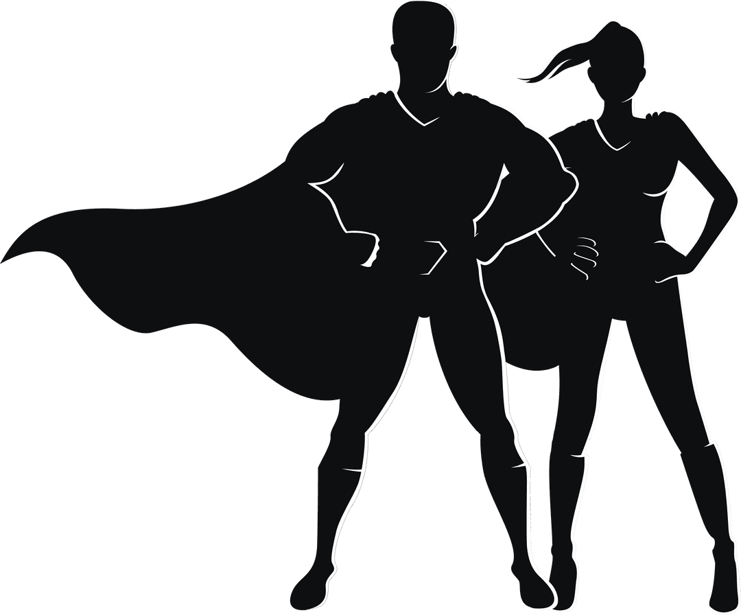 Iconic Silhouette of Superhero Duo Standing in Unity on Transparent Background