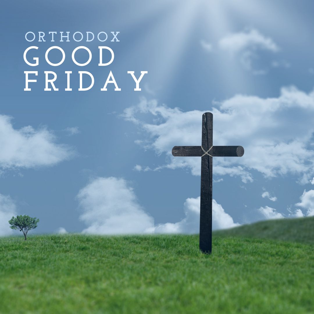 Orthodox Good Friday Cross on Grassy Hill with Clear Sky