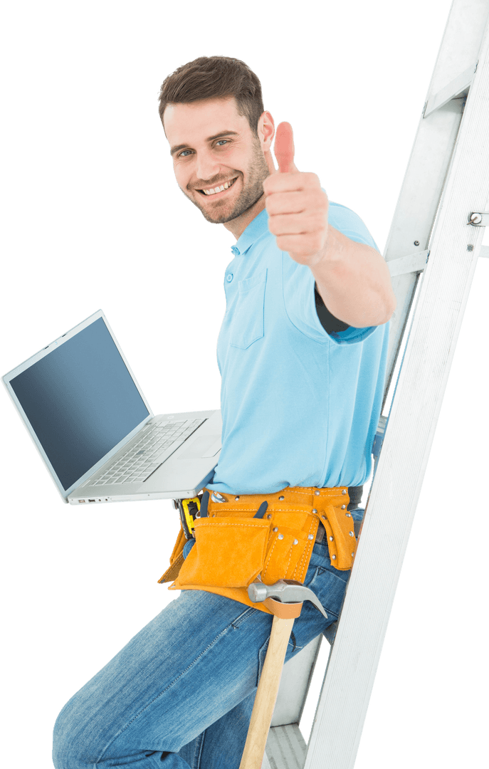 Happy Construction Worker with Laptop Giving Thumbs Up on Ladder