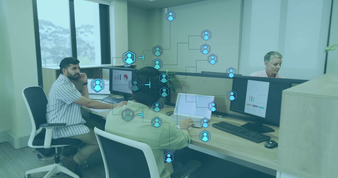 Colleagues Collaborating in Modern Workspace with Network Visualization